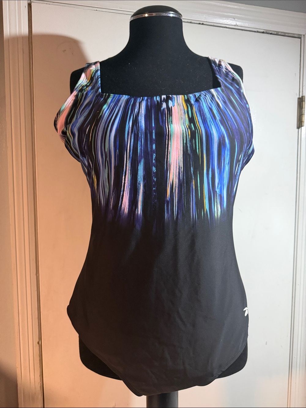 Reebok Black Tank Top with Blue & Pink Brushstroke Print